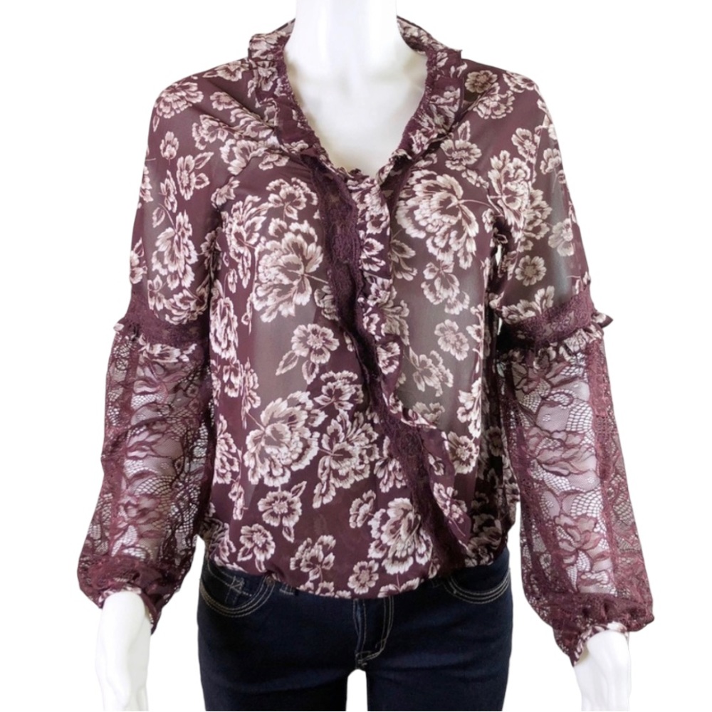 Lulumari Sheer Top Size Large Burgundy Lace Sleeves Floral Front Ruffled…